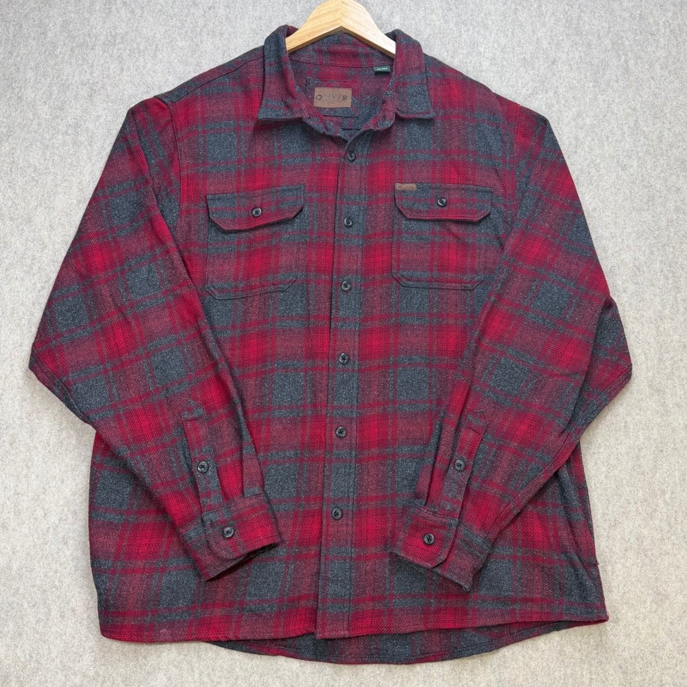 Orvis Button Down Mens XXL Red Gray Plaid Flannel Classic Cabincore Shacket